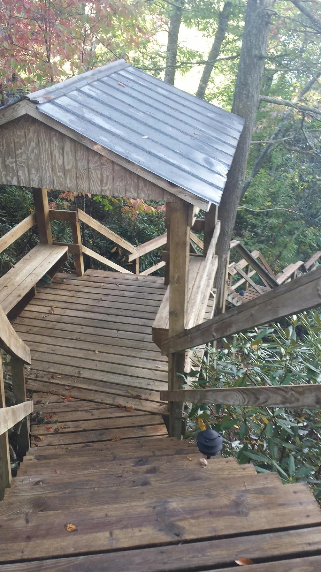 Metal roofed shelter over wooden steps on a wooded walkway — Skylight Repair & Installation work by our crew in Dawson